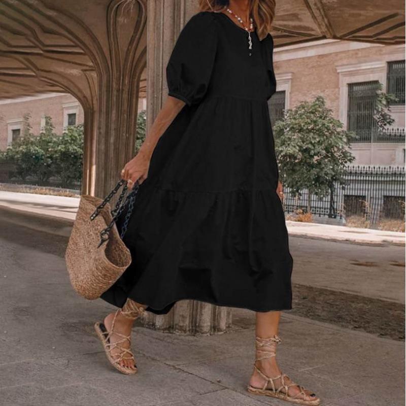 QICED Fashion Summer Spring Solid Color Print Short Sleeve O-Neck Casual Dresses