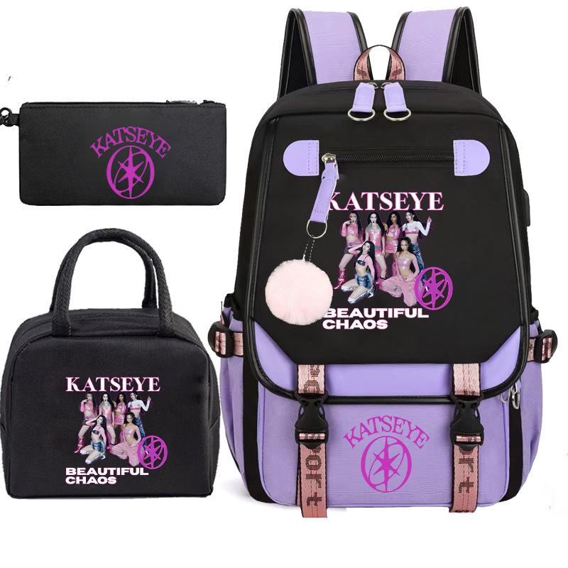 Katseye Kpop Girl Group Photo Set 3-Piece Backpack Set with Pencil Case and Lunch Bag, Trendy Color Block School Bookbag for Teen Girls