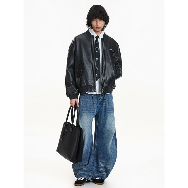 Blaexit Double Zipper Quilted Leather Jacket for Men, Thickened, Stylish and High-End Short Cotton Flight Jacket