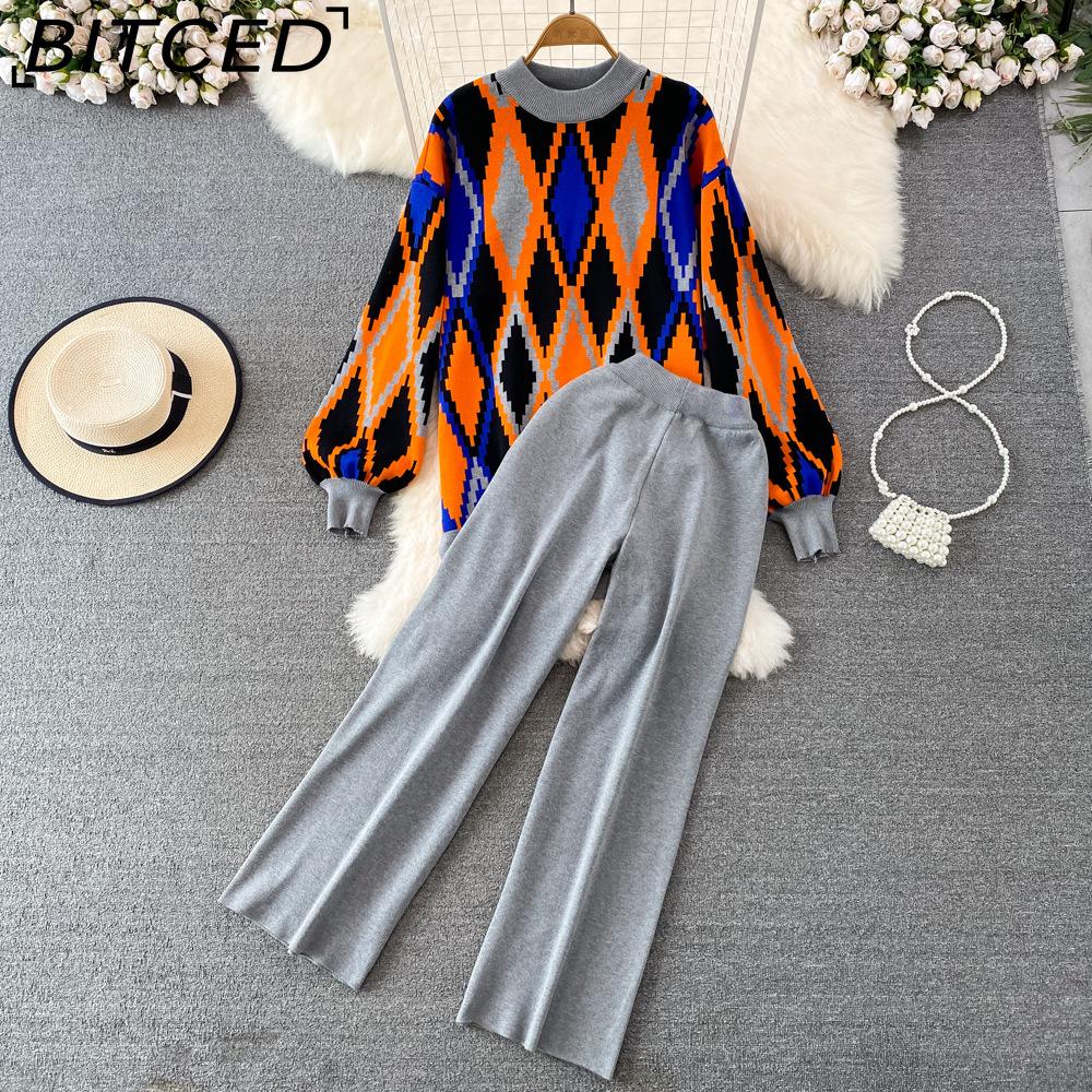 BITCED Conjunto de Moda para Mujer Otoño Invierno Suéter Holgado de Manga Larga a Cuadros Conjunto de Dos Piezas Pantalones de Punto Rectos de Pierna Ancha Adelgazantes de Cintura Alta