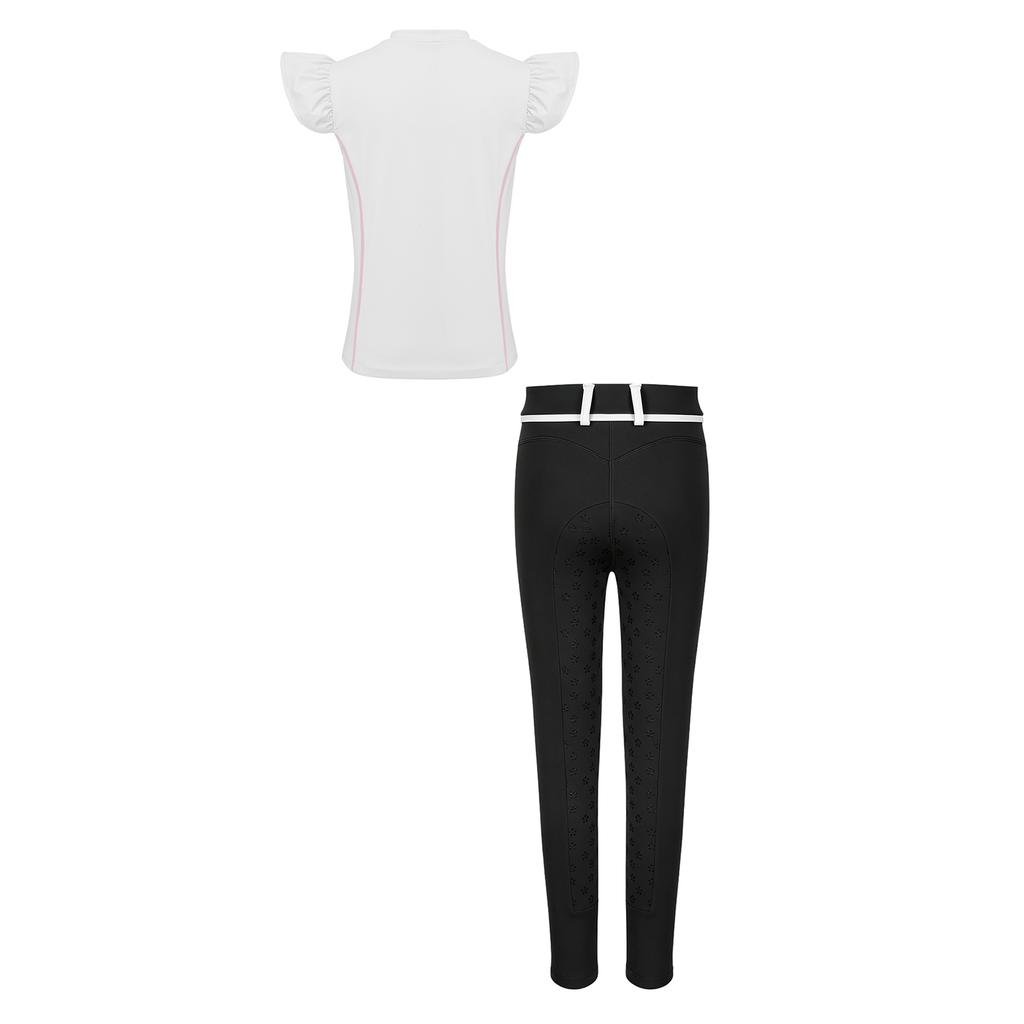 Kids Girls Equestrian Training Set Zip Stand Collar Ruffled Sleeve Contrast Trim Top and Non-slip Full Seat Riding Pants for Competition