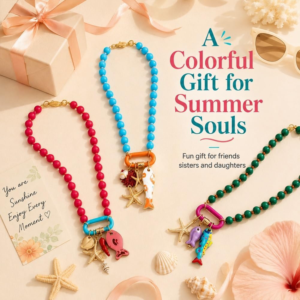 3pc Summer Layered Beaded Dopamine Necklace Set - Colorful Fish and Starfish Charms, Chunky Stack Layering Beach Style Multi-layer Resin Pendant