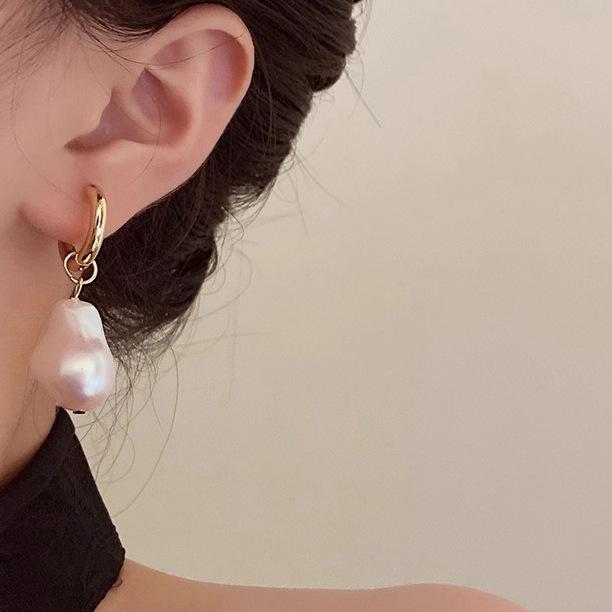 French Baroque Pearl Drop Earrings for Women - Fashionable Mosquito Coil Ear Clips
