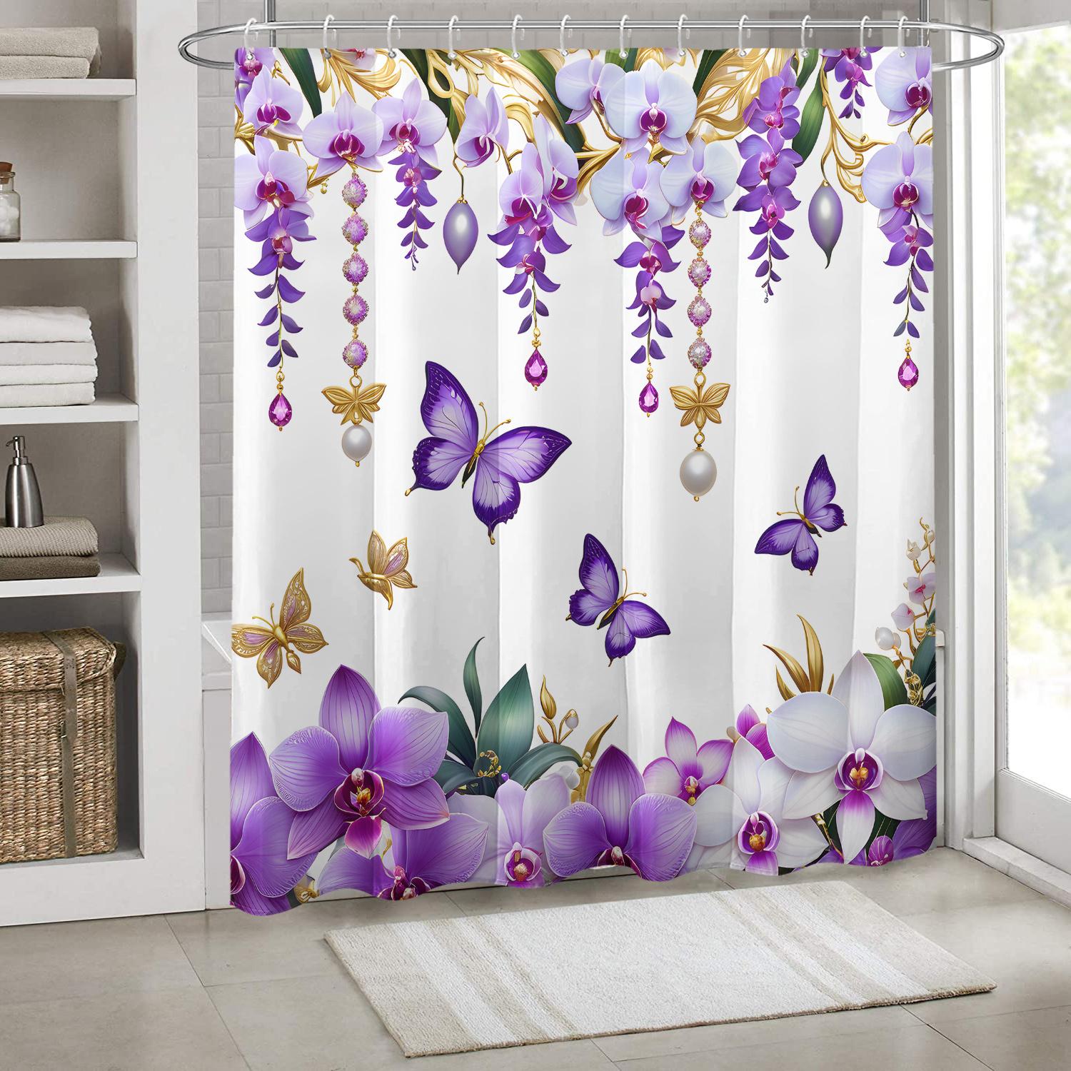 Elegant Purple Orchid and Butterfly Shower Curtain with Gold Accents for a Luxurious, Nature-Inspired Bathroom Decor Theme W90XH180cm