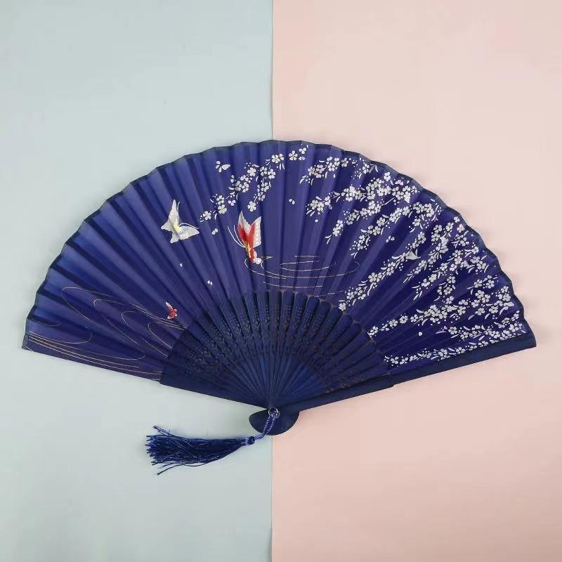 Chinese Japanese Flower Print Folding Silk Bamboo Fan Ornament Art Craft Gift Wedding Dance Performance Hand Fan
