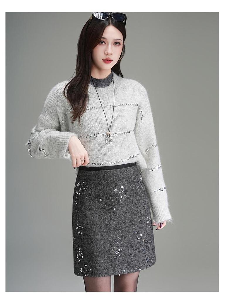 Elegant Coco Style Rhinestone High-Waisted A-Line Skirt - 2025 Autumn/Winter Petite Fashion