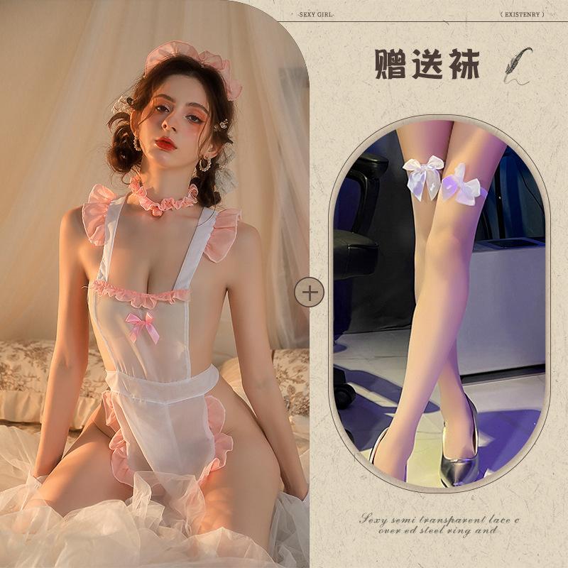 Sex Underwear New Sexy Perspective Soft Yarn Backless Lace Apron Role-playing Set