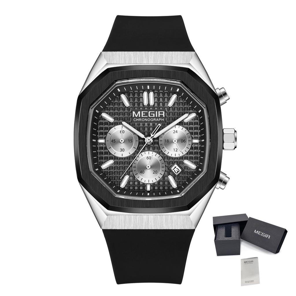 MEGIR 2215 Men Luxury Watches Fashion Casual Sports Chronograph Silicone Strap Quartz Wristwatch Calendar Waterproof Clock