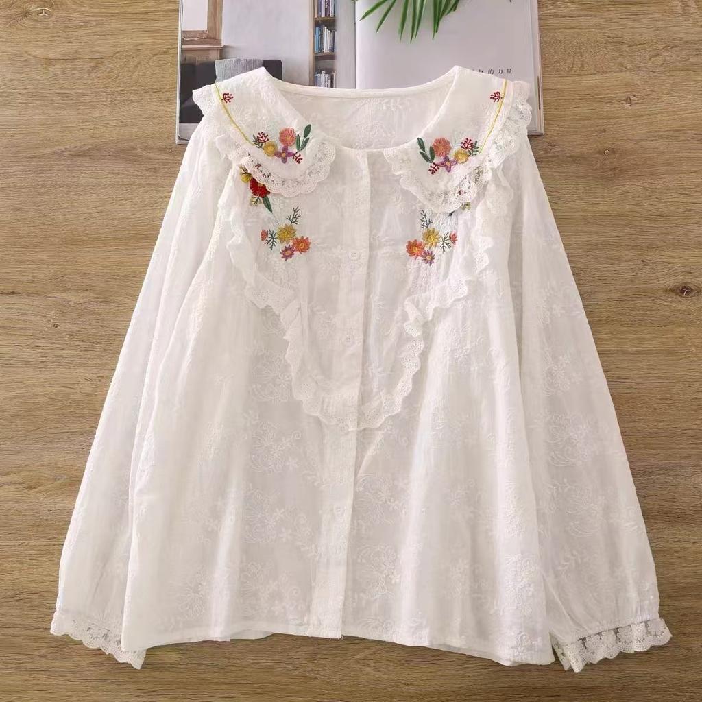 1116 Spring New Female Mori Top Shirt Long Sleeve Literary Embroidery Loose Cotton and Linen