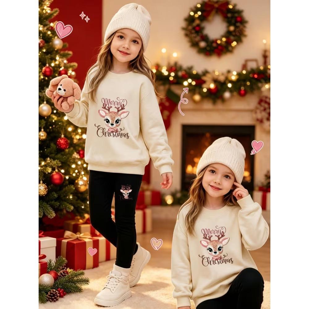 Girls' Tiger Xmas Print Casual Comfortable Soft Loose Pullover Sweatshirt and Leggings 2-Piece Set, New Autumn/Winter, Playful, Sweet and Cool Style
