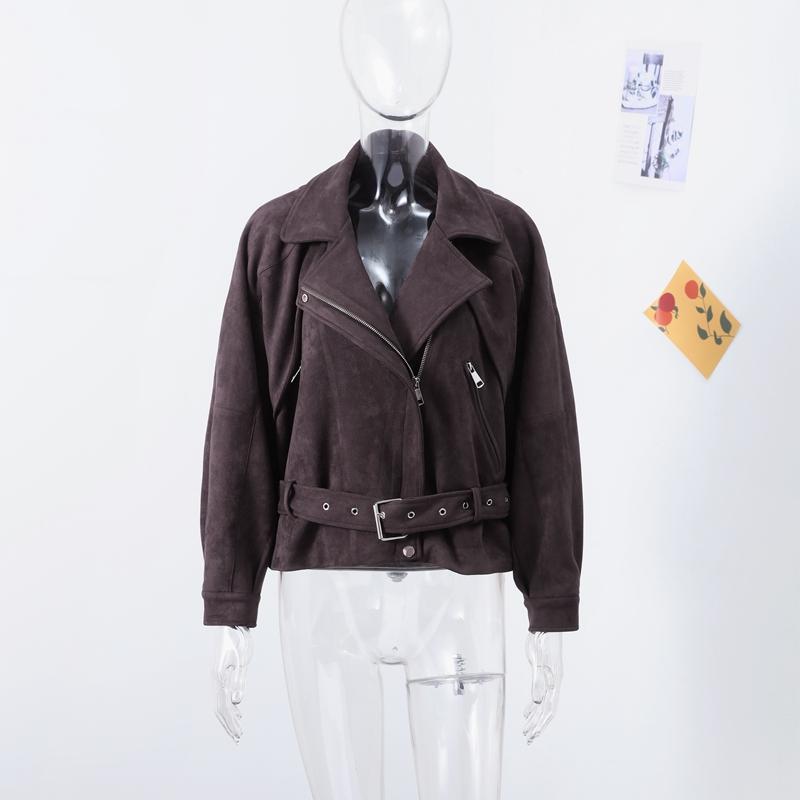 Fashion Women's Short Suede Jackets Belt Lapel Puff Long Sleeve Zipper Pockets Coats 2025 Spring Lady Vintage Street Outwears