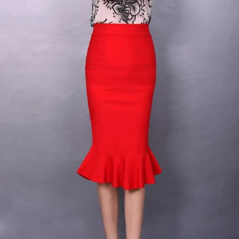 Female New Lotus Leaf Pack Hip Fish Skirt High Waist Sexy Stretch One Step Skirt Plus Size