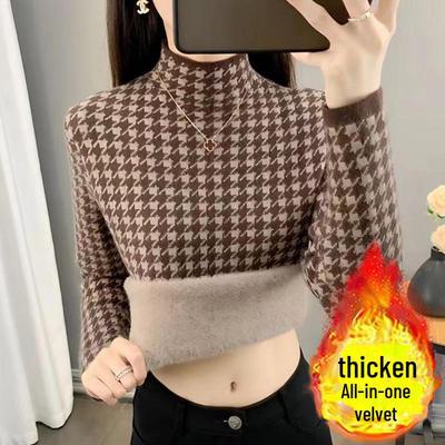 Women's Houndstooth Half-Turtleneck Plush Sweater - Slim Fit, Thickened Fleece, Knitted for Autumn/Winter