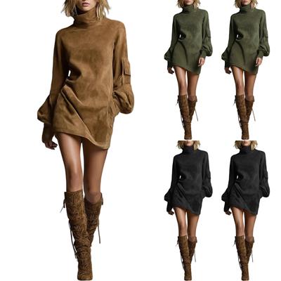 Women's High-neck Suede Short Dress, Solid Color Long-sleeve Dress For Fall And Winter