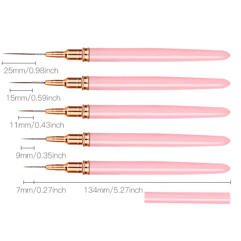 Japanese Ultra-Fine Nail Art Brush Set: 5-Piece Liner Brushes for Color Painting and Flower Designs with Gel Nail Precision.