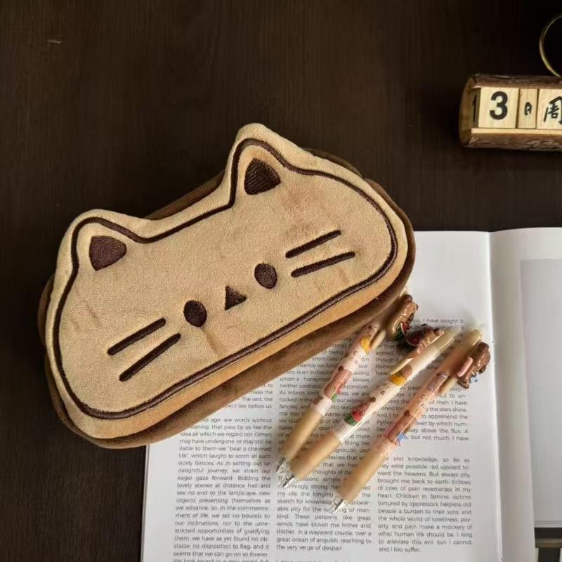 Cute Cartoon Plush Bread Cat Pencil Case Stationery Bag Kawaii Animal Kitten Multifunctional Large Capacity Storage Bag Gifts