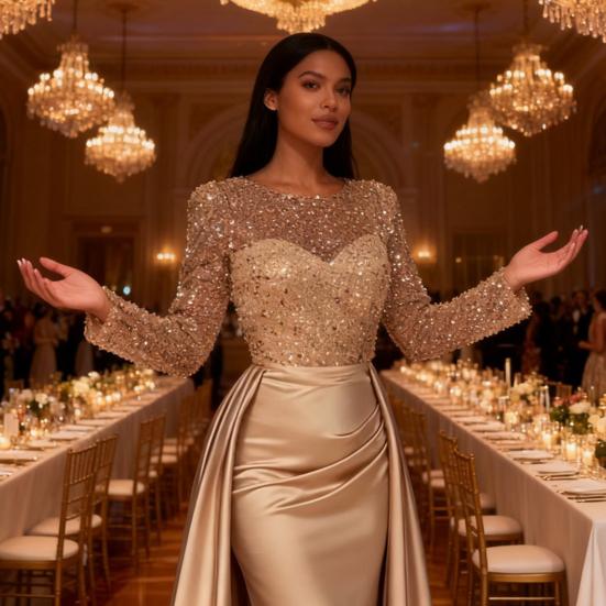 Sequin Sheer Mesh Long Sleeve Maxi Dress for Women Flowy Glitter A-line Long Dress Formal Cocktail Evening Gown