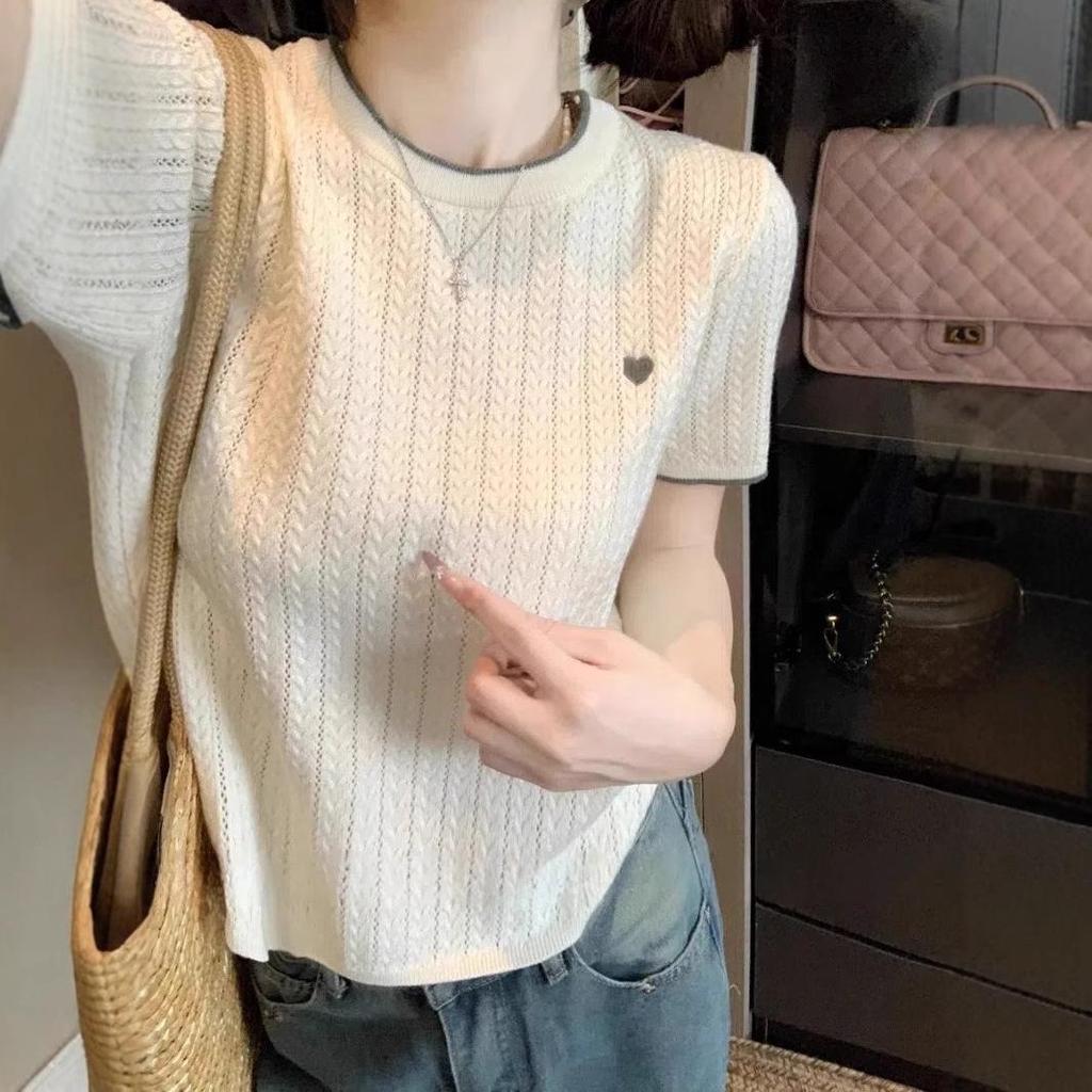 Chic Color Block Crew Neck Short Sleeve Knitted T-Shirt for Women - Preppy Style Summer 2025