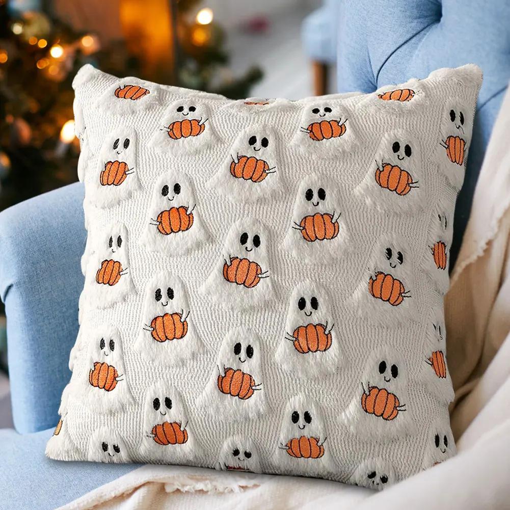 Halloween Ghost Pumpkin Pillowcase Washable Plush Faux Fur Pillowcase Comfortable Pillow Cover for Couch Sofa Home Decor 45*45cm