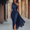 2026 European and American Women's Clothing, Pleated Dress, Fashionable and Elegant Slanted Shoulders, Party Dress