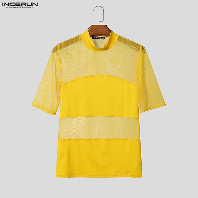 INCERUN Summer Men O Neck Short Sleeve Mesh See Through Patchwork T-shirts Tops