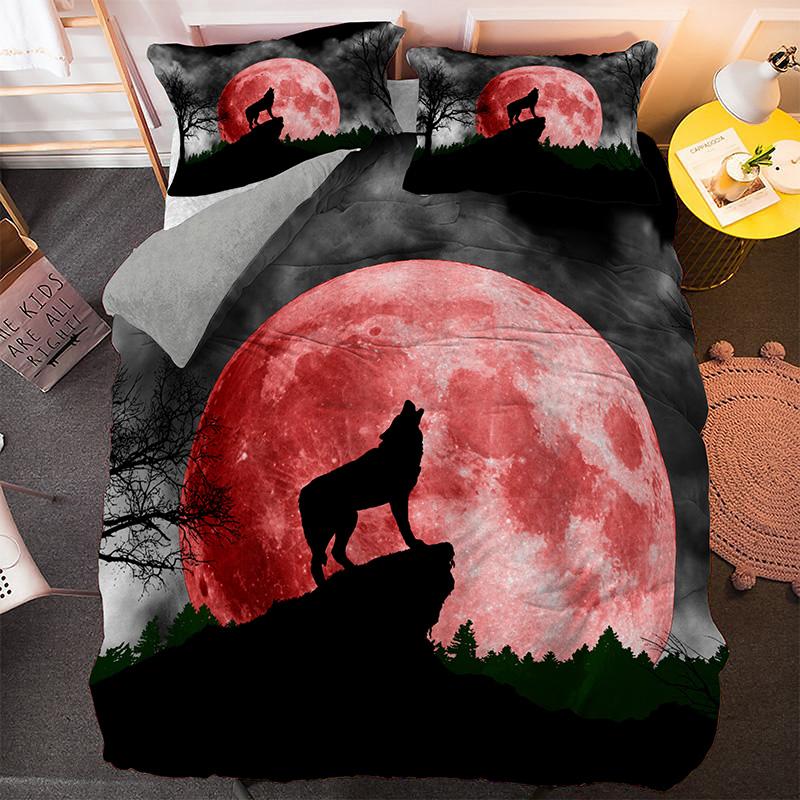 Wolf Duvet Cover Set Customized Fashion Wild Animals Moon Printed Bedding Set King Polyester Comforter Cover for Kids Boys Teen