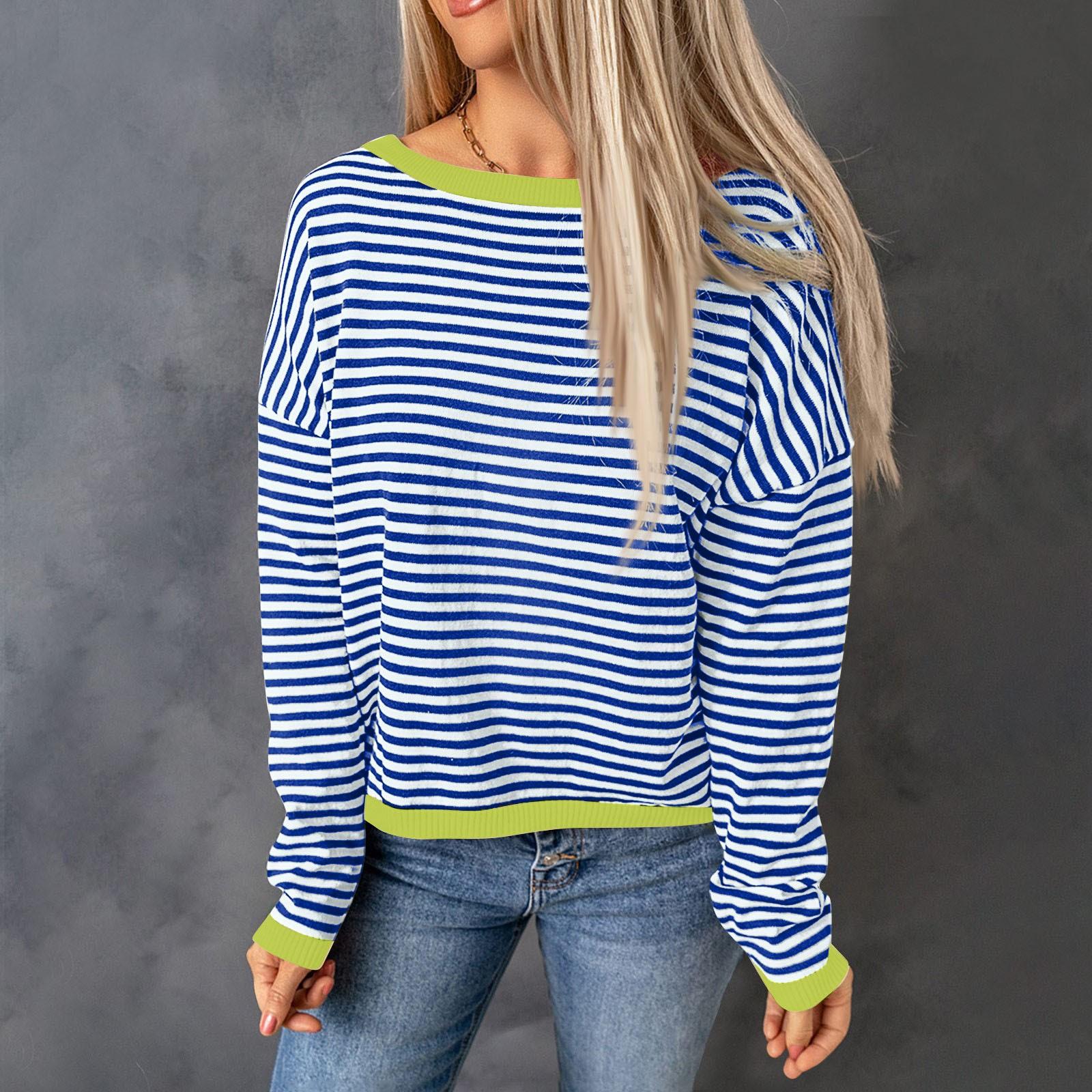 

Женский свитер с открытыми плечами в контрастную полоску, свободная и универсальная блузка с длинными рукавами M синий