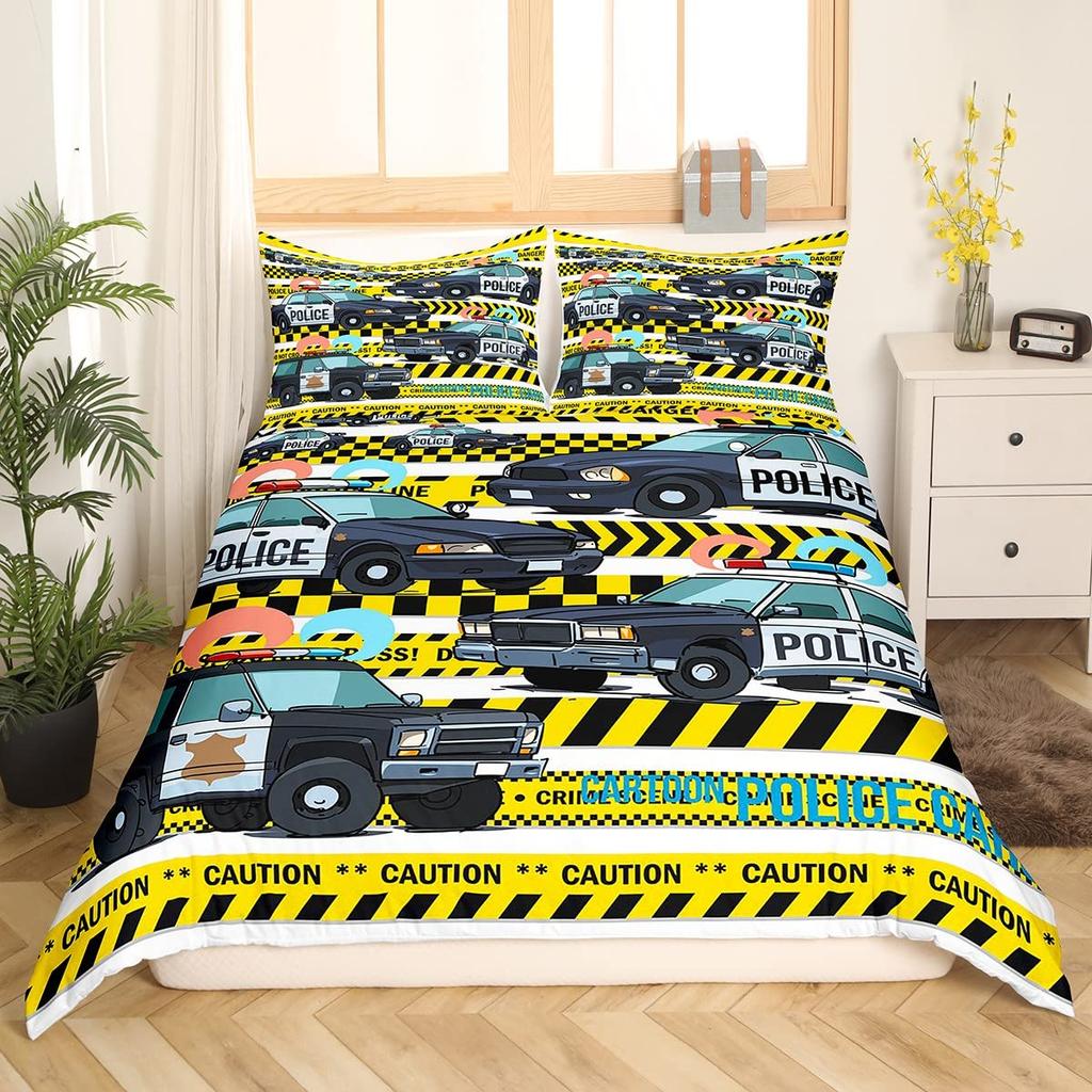 Policeman Car Duvet Cover King Queen Size Cartoon Black Police Car Bedding Set Boys Red Blue Cop Lights 2 3pcs Polyester