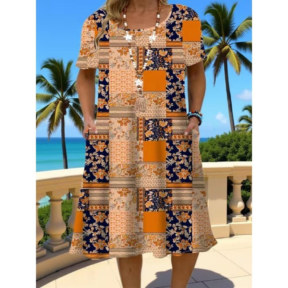 Women's Fashion Graceful Beautiful Simple Pattern Print Summer Spring Short Sleeve O-Neck Casual Dresses
