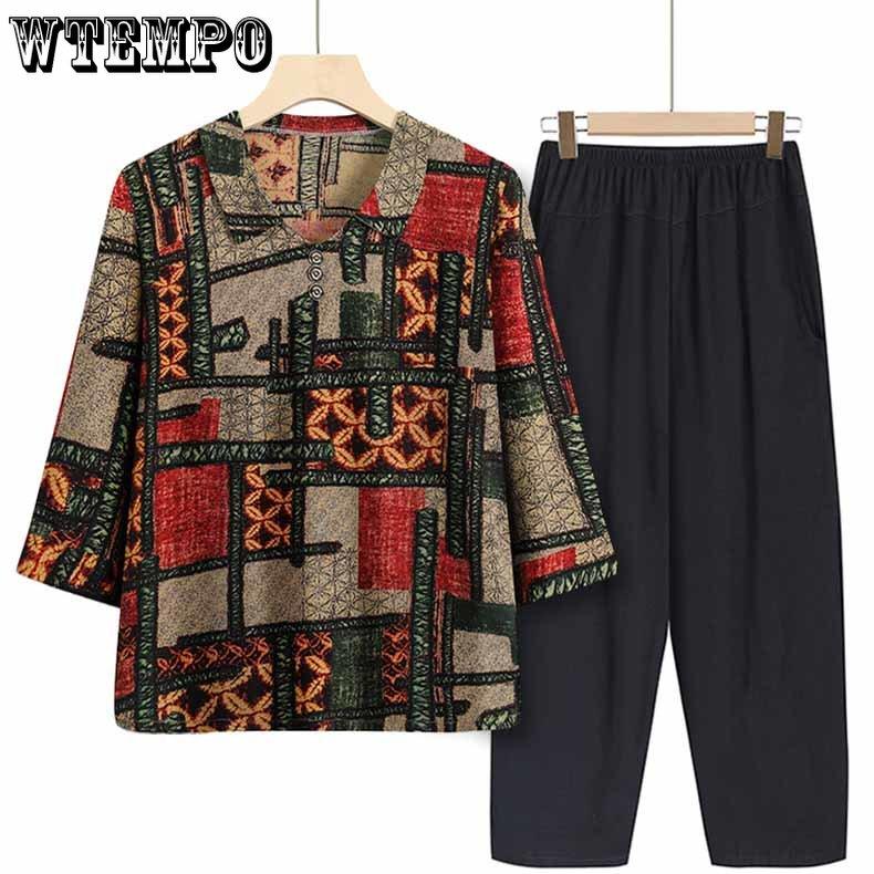 

WTEMPO Весна и лето для мамы, комплект из двух предметов, свободная футболка с половиной рукавов и лацканами, брючный костюм для среднего и пожилого возраста 5XL