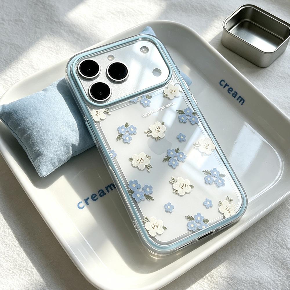 Blue Fresh Floral Application Apple 17/16 Pro Contrasting Color Mobile Phone Case Ins Spring Anti-drop iPhone15 Women