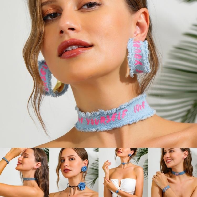 Statement Denims Blue Collar Bracelet Earrings Fashionable Jewelry Accessories Casual Party Wear Set for Women Girls