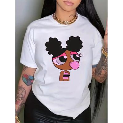 Cartoon Print Crew Neck T-Shirt Casual Short Sleeve Top For Spring & Summer Women's Clothing