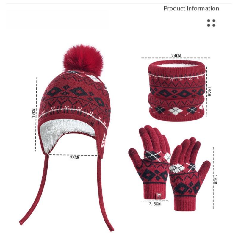 Three Piece Set of Children's Hats, Scarves, Gloves, Winter Warm Acrylic Knitted Ear Protection Hat