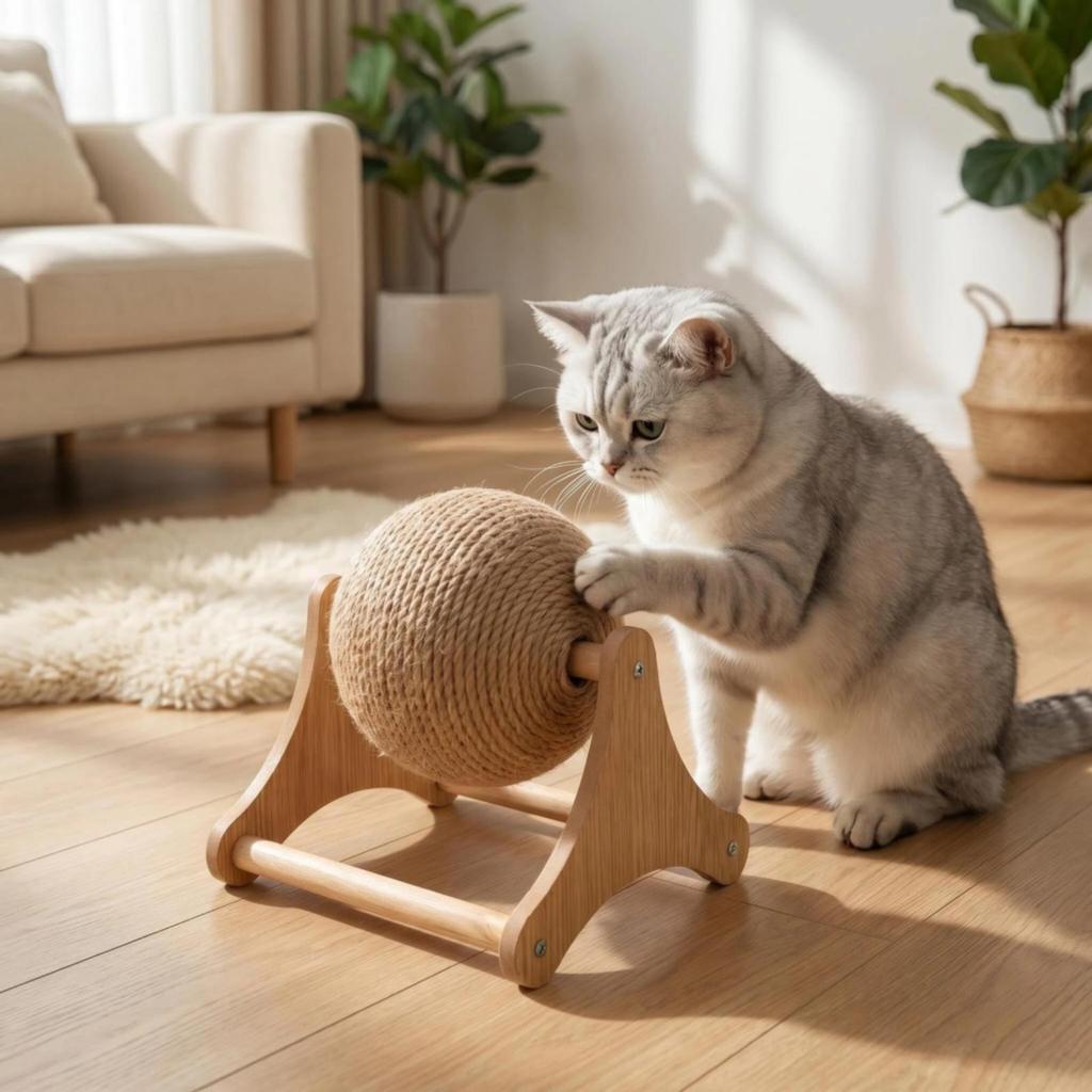Cat Scratching Ball Rotating Toy with Wooden Frame ClawFriendly Sisal Rope for