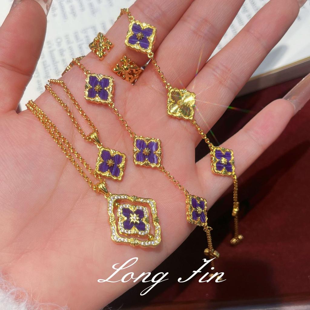 French Retro High-End Purple Dragon Crystal Turquoise Bracelet, Necklace, Earrings, Court Style Four-Leaf Clover Set, Live Broadcast Special