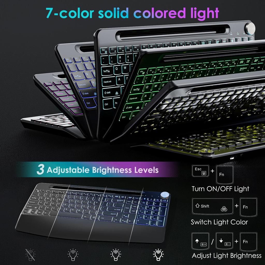 2.4G RGB Wireless Ergonomic Keyboard & Mouse Set with 7-Color Backlit and Anti-Sleep Jitter
