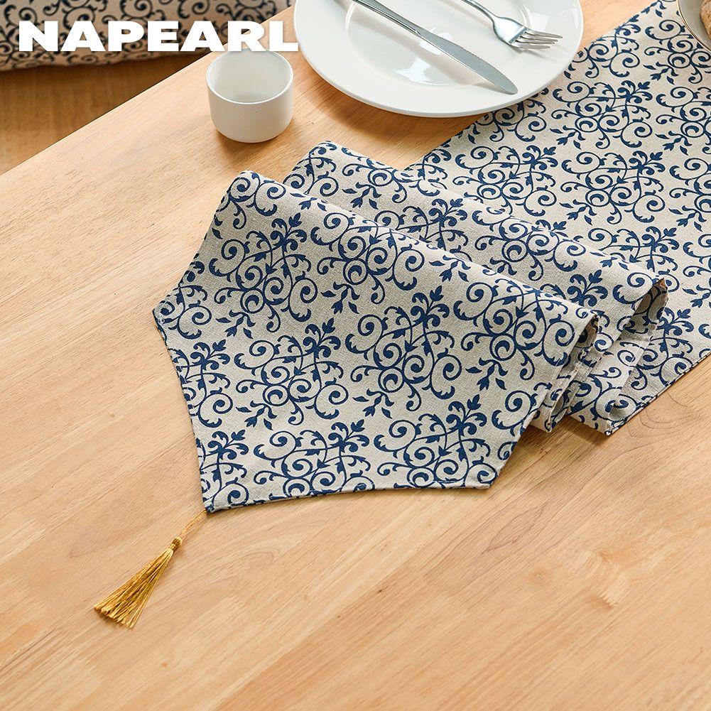 1PC NAPEARL Retro Chinese Blue and White Porcelain Printed Cotton and Linen Table Runner for Dining Table Coffee Table Home Decor