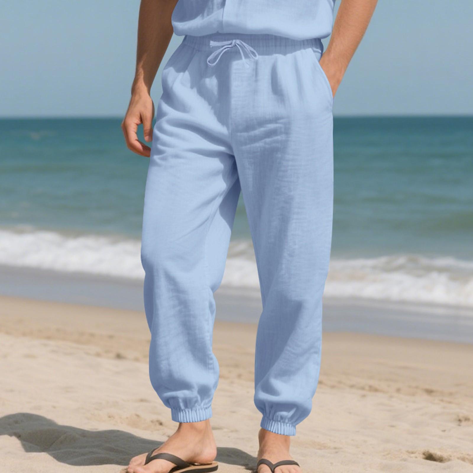 

Мужские льняные брюки для йоги, пляжа, свободного кроя, повседневные летние брюки с эластичной талией на шнурке и карманами XXL