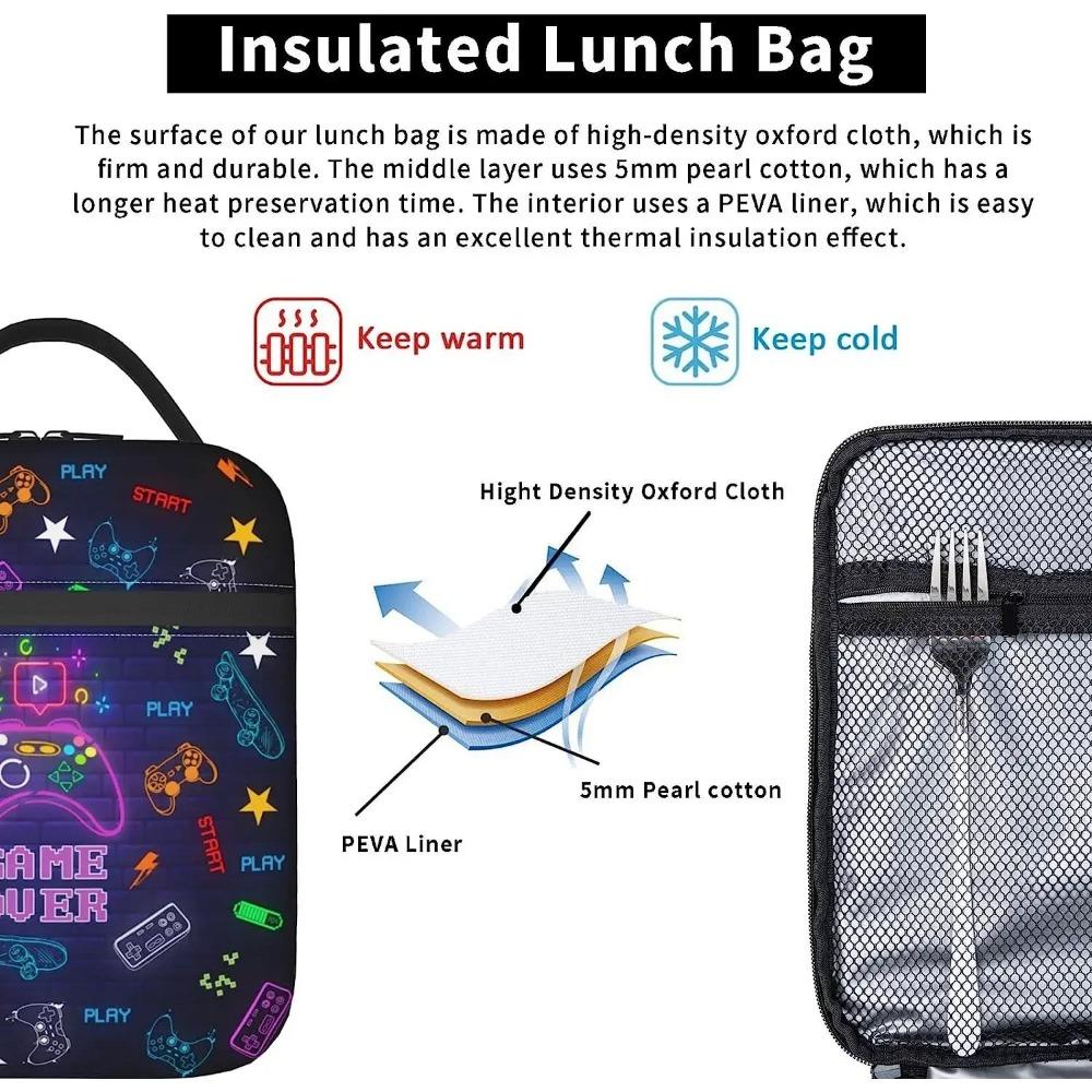 Game Gamer Lunch Box Lunch Bags Insulated Leakproof Lunch Bag for Men Boys Reusable Handbags Thermal Cooler Bento Tote Bag