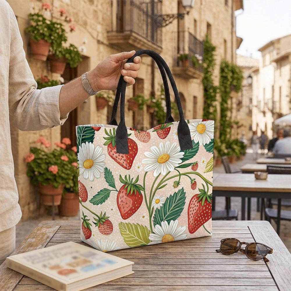 Cute Strawberry Daisy Print Canvas Tote Bag for Daily Shopping Casual Handbag for Women