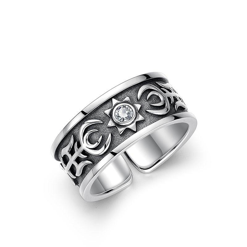 Adjustable Open Ring Men Women Vintage Sun Relief Carved Geometric Plated Statement Band