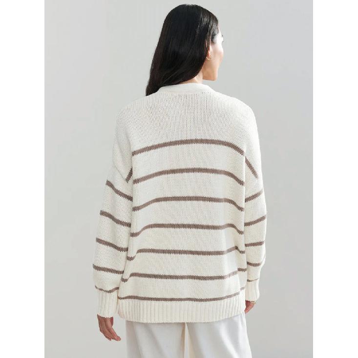 Women'S Striped Knit Cardigan V-Neck Cotton Thickened Warm Loose Fit Autumn Winter Sweater