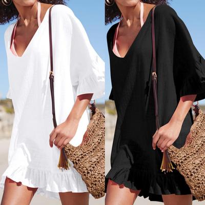 Bikini Cover Up Ruffles V Neck Ladies Elegant Pure Color Sundress for Beach