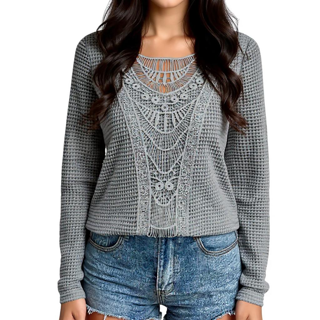 Women's T-Shirt Vintage Floral Print Round Neck Loose Long Sleeve Mid-Length Thumb Leak Top