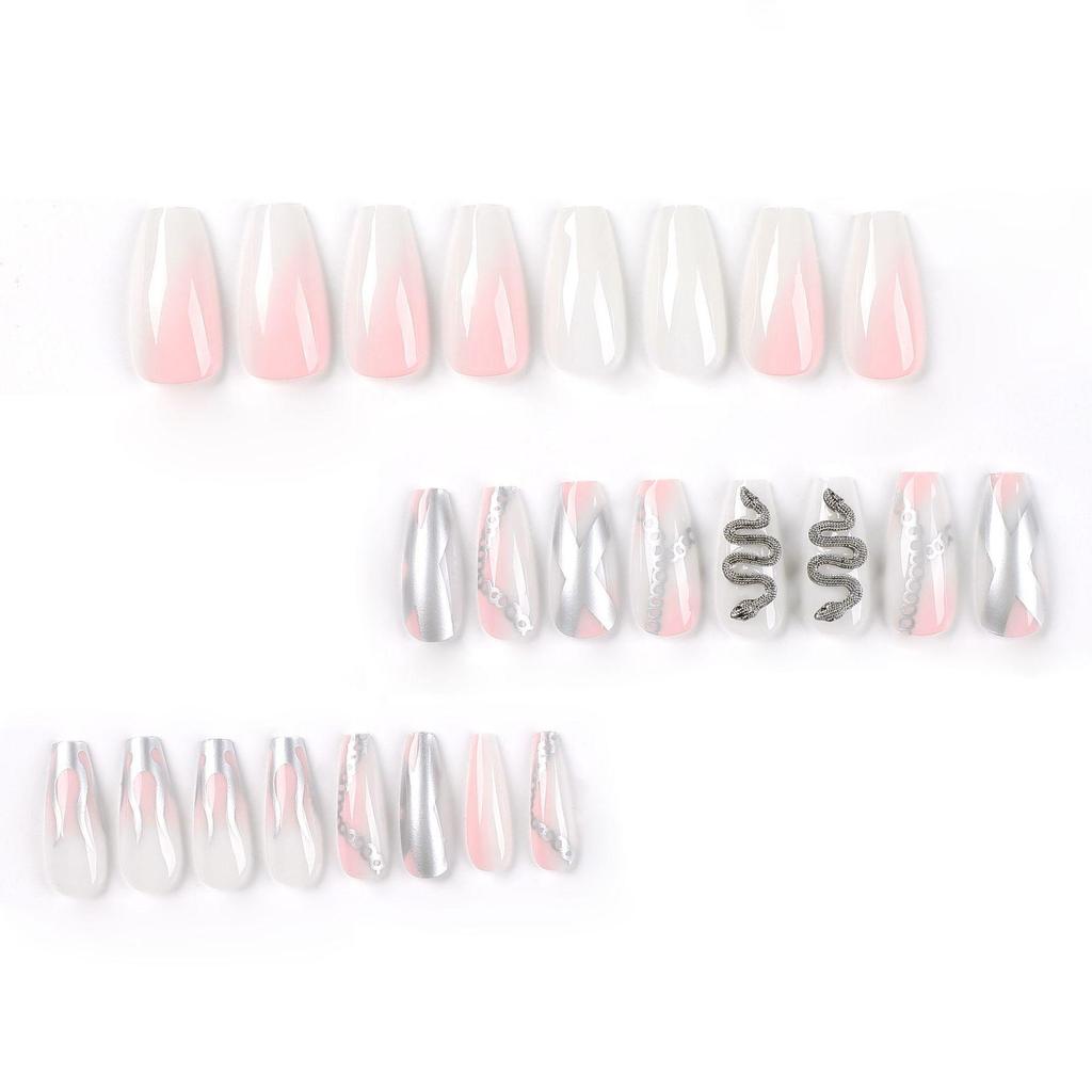 Pink Marble Silver Flame 3D Snake Rhinestone Press-On Nails