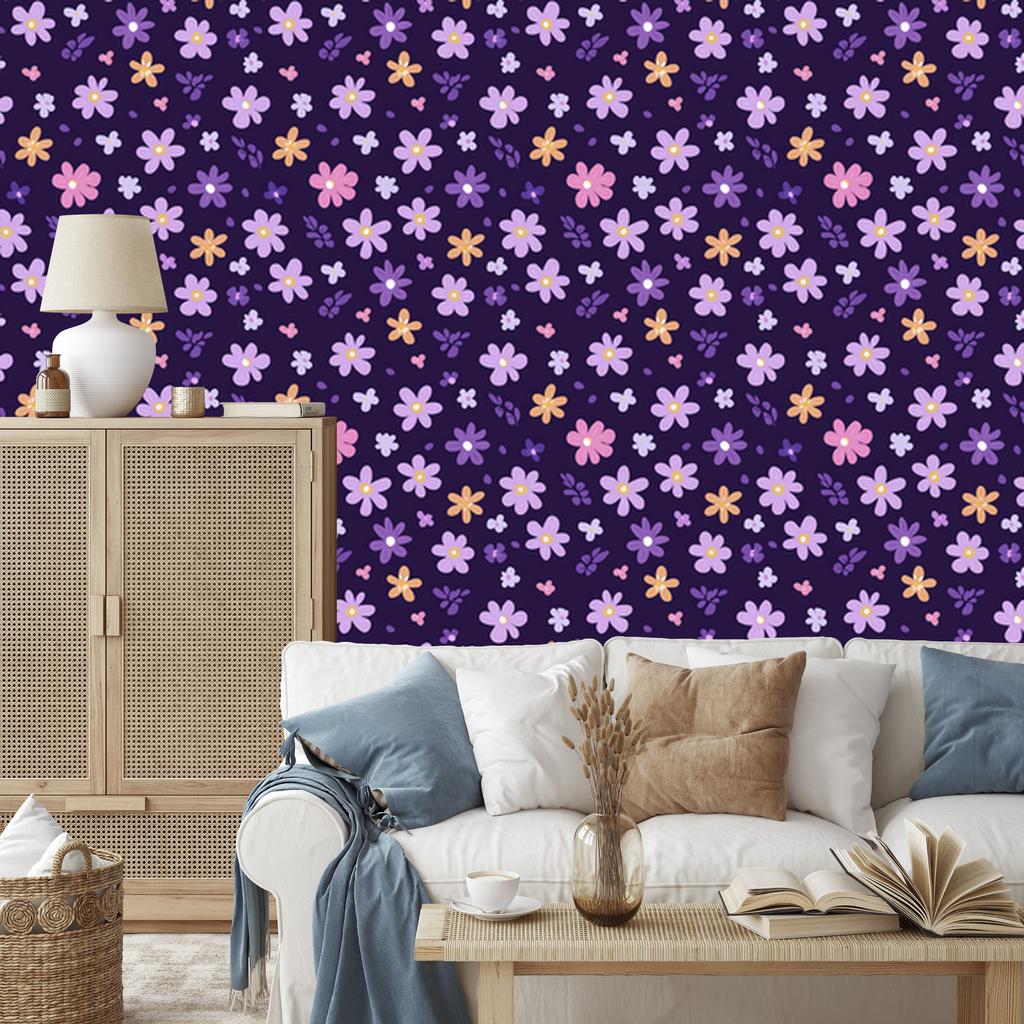 Cottagecore Flowers Wallpaper Indigo and Purple for Living Room and Bedroom 50x1000