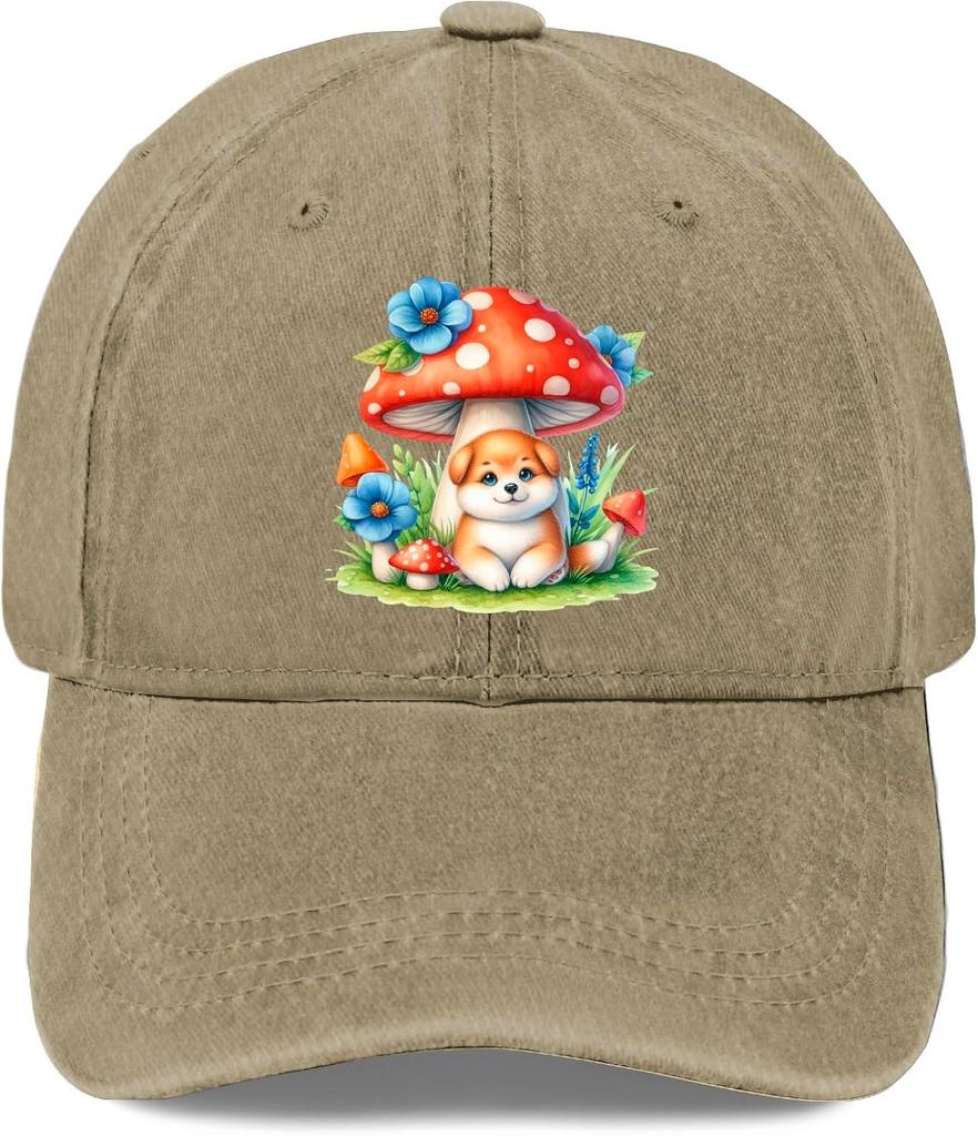 Cute Puppy and Mushroom Watercolor Print Washed Baseball Cap Adjustable Casual Sun Protection Adult Hat
