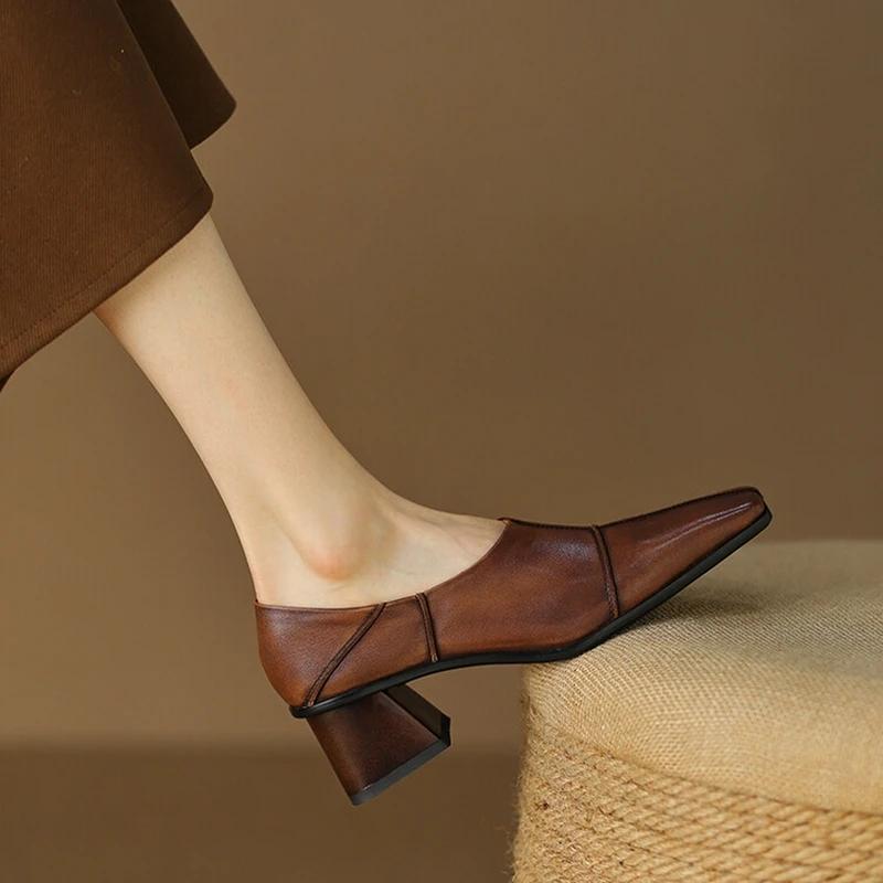Fashion NEW Spring Women Pumps Genuine Leather Shoes for Women Square Toe Chunky Heel Women Shoes Solid High Heels Simple Ladies Shoes