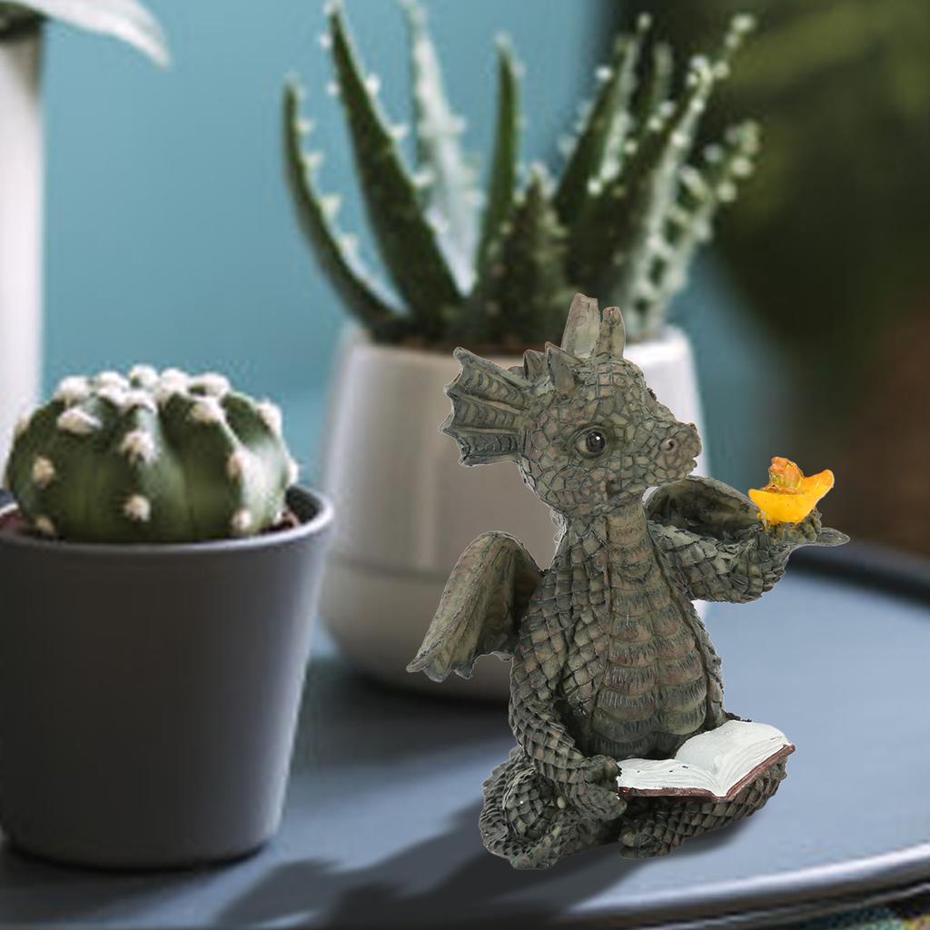 Baby Dragon Reading Book Statue Rainproof Lovely Durable Resin Dragon Sculpture for Garden Wall Office